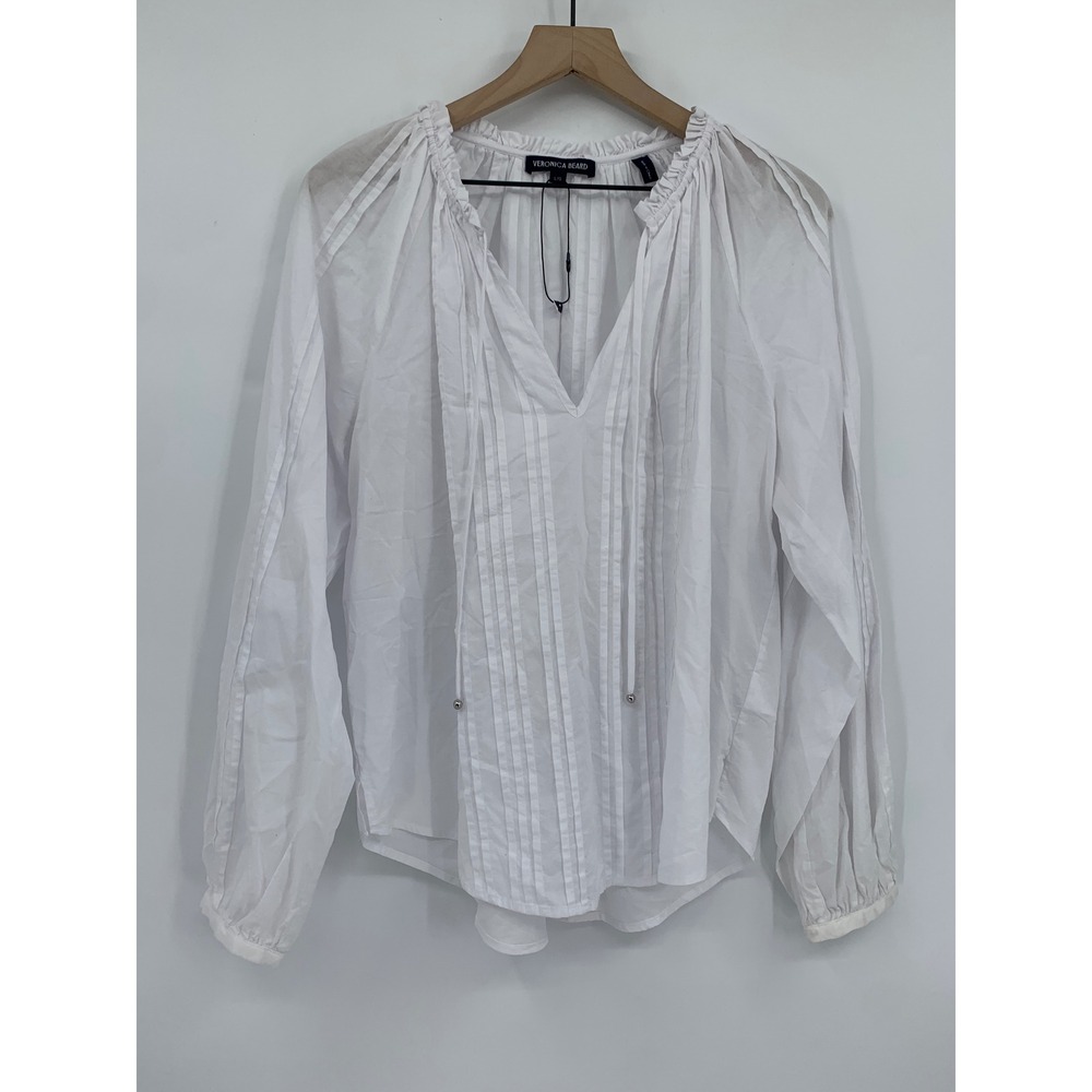 Veronica Beard Blouse Womens Large White Cotton Pintuck V-Neck Long Sleeve Boho